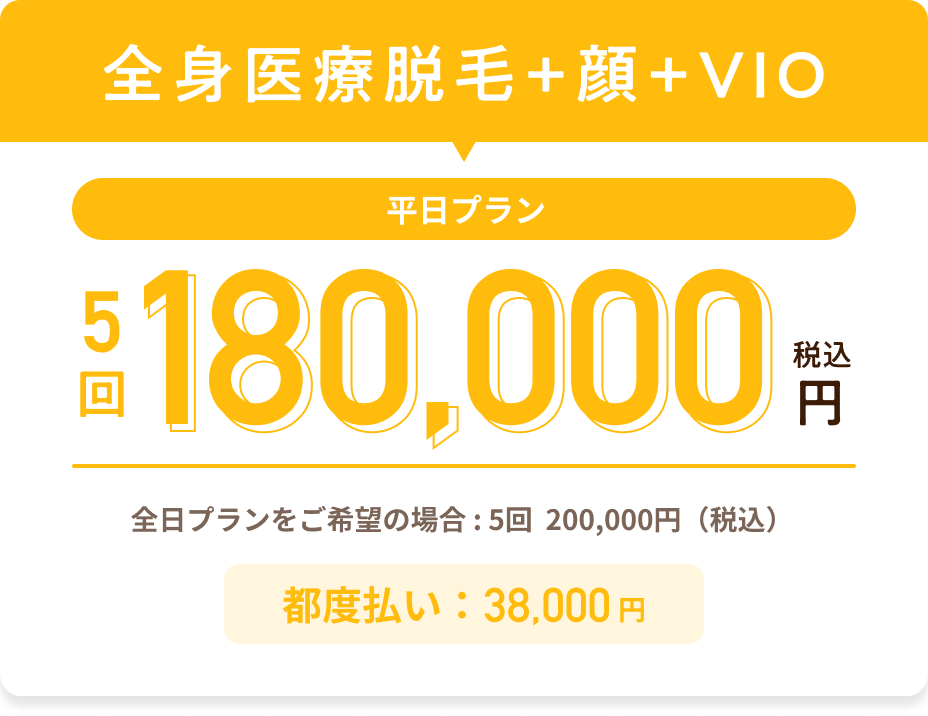 全身医療脱毛＋顔＋VIO 平日プラン:5回 180,000円、全日プランをご希望の場合:5回 200,000円（税込）、都度払い：38,000円